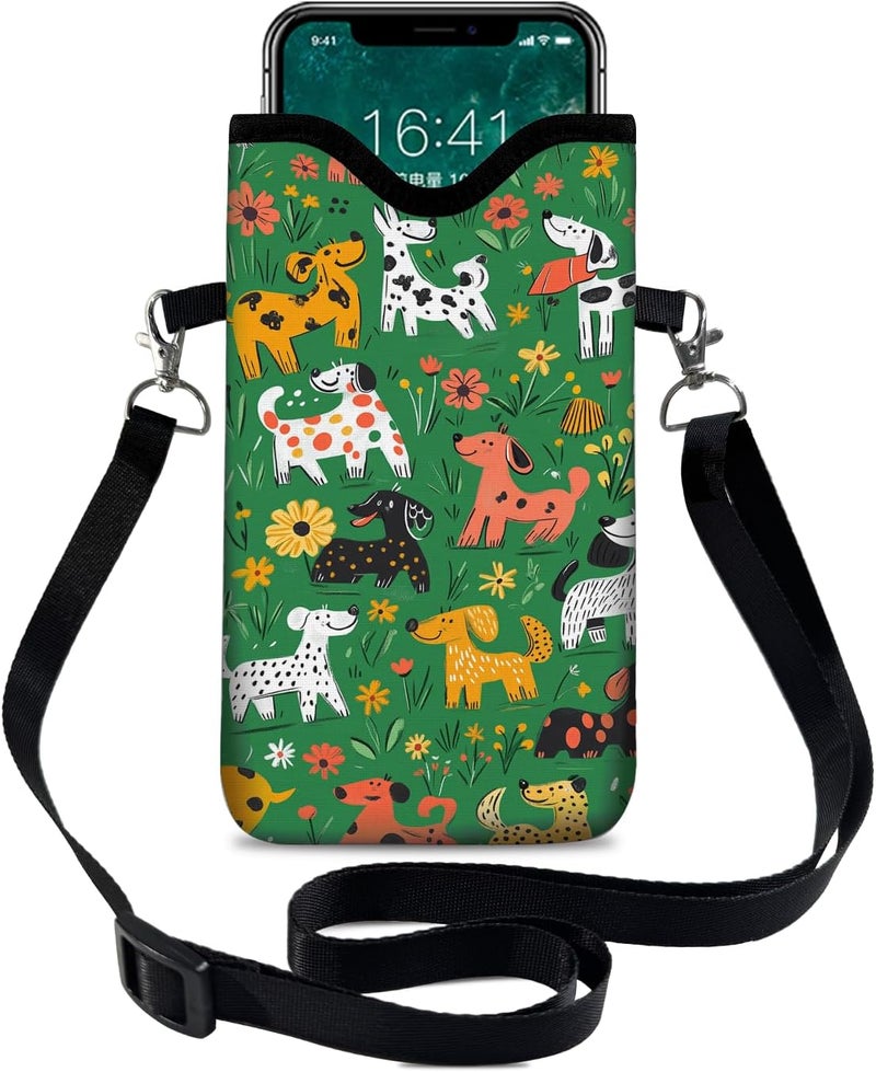 otilil Neoprene Cell Phone Sleeve Pouch Case Bag with Crossbody Strap Neck Lanyard for Women 7.1 X 3.9 in Green Dog - Image 1